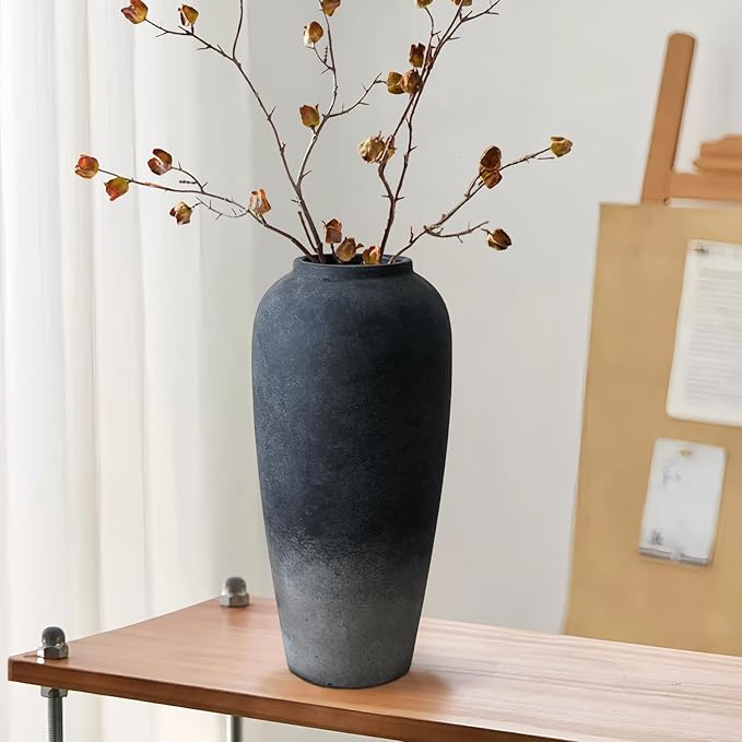 15 Inch Rustic Ceramic Vase, Black Flower Vase for Centerpieces, Farmhouse Decor for Living Room, Entryway & Kitchen, Vintage Pottery Vases for Wedding Gifts