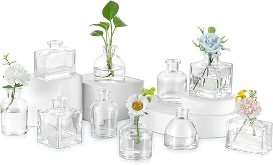 Glasseam Mini Glass Bud Vases: Small Clear Vases for Centerpieces Cute Tiny Flower Vase Set of 10 for Flowers Modern Centerpiece Decor for Wedding Party Dining Room Decoration