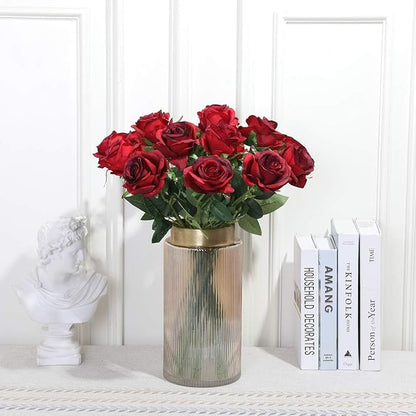 Burgundy Fake Roses Artificial Flowers - 16 Pcs Fake Artificial Roses Silk Flowers with Stems for Home Wedding Hotel Office Centerpiece Decor（Burgundy）