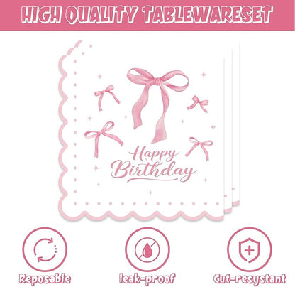 40Pcs Pink Bow Birthday Decorations Pink Bow Plates and Napkins Set Party Supplies for Baby Shower Decor Bachelorette Coquette Birthday Decorations for Girl
