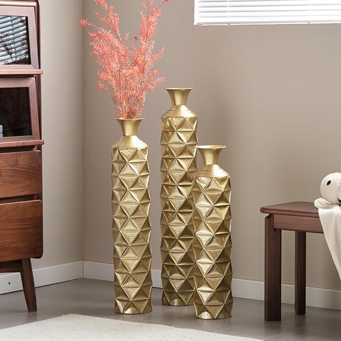 Floor Oversized Gold Metal Decorative Vase with 3D Triangle Pattern Set of 3 Large Vases for Home Living Room 33.5 ", 29.5 ", 25.2" High (Antique Gold)
