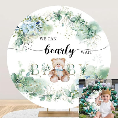 OERJU 4x4ft Bear Baby Shower Round Backdrop We Can Bearly Wait Lovely Photography Background Green Leaves Floral Circle Backdrop Cover Birthday Gender Reveal Party Decoration Photo Booth Props