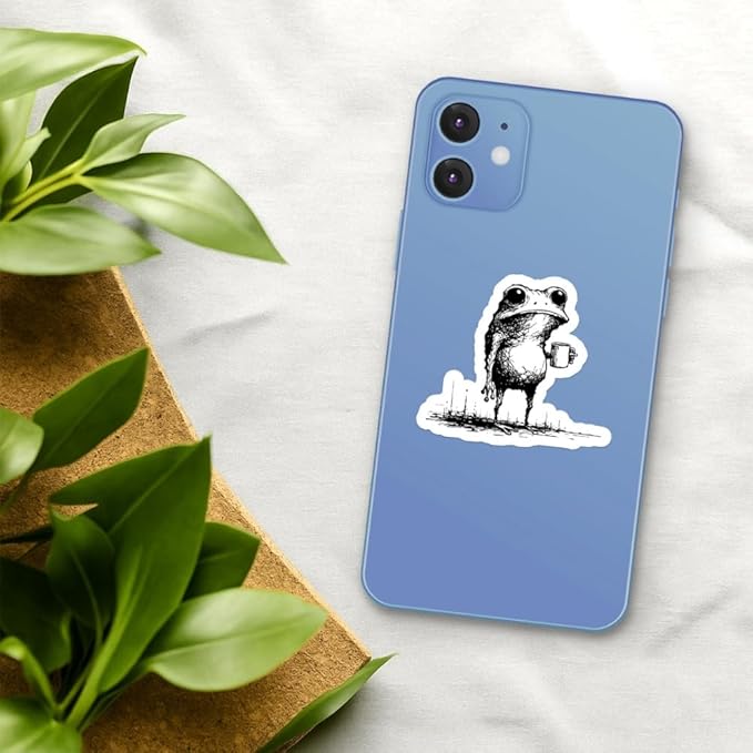 HANDICHI Design 5-Pack 6 Inch Funny Coffee Frog Stickers – Grunge Meme Vinyl Decals – Tired Frog Holding Coffee Cup Aesthetic Sticker Pack for Laptops, Water Bottles, Journals, and Scrapbooks