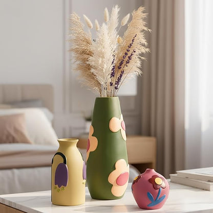 Vintage Ceramic Vase, Minimalist Texture Stone Patterned White Flower Vase, Decorative Vase for Living Room Shelf Farmhouse Dining Table Centerpiece Decor (Colorful Rustic-3 Pack)