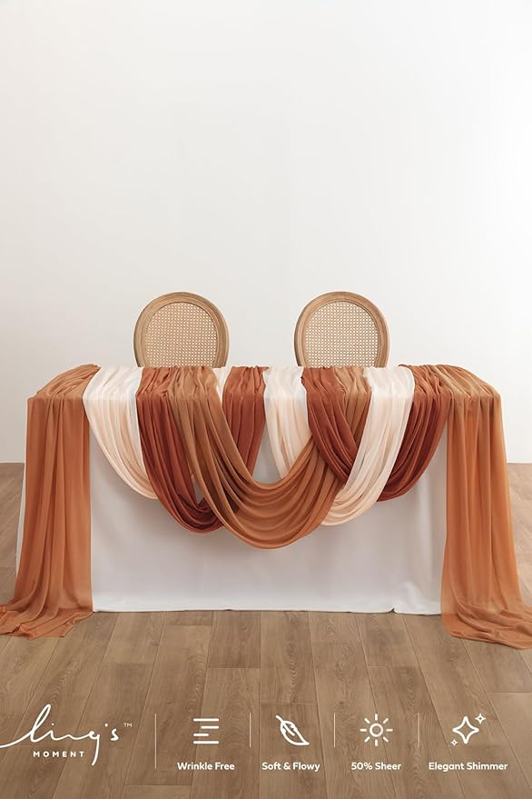 Ling's Moment Wedding Arch Draping Fabric - 20Ft Fall Wedding Arch Chiffon Fabric, Sheer Hanging Drapes Arrangement for Ceremony Backdrop Outdoors Party Swag Home Decor (Coral Peach & Terracotta)