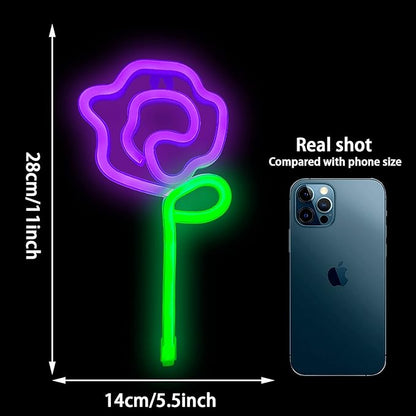 ENUOLI LED Neon Pink Rose Flower with Green Stem Wall Sign for Cool Light, Wall Art, Bedroom Decorations, Home Accessories, Party, and Holiday Decor Valentine's Day Present(Purple Rose)