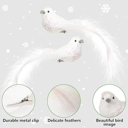 Cosweet 12 Pcs Artificial Christmas Dove Birds with Clip, White Feather Xmas Tree Ornament Wreath Flower Arrangement Supplies for Party Wedding Decor DIY Craft Gifts