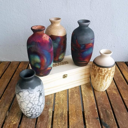 RAAQUU Koban 7 inch Raku Ceramic Pottery Vase with Gift Box Corporate Gift in a Pine Box -Personalized Rustic Boho Handmade Gift in Carbon Half Copper Matte