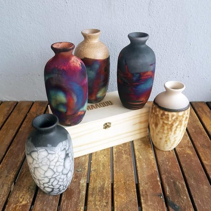 RAAQUU Koban 7 inch Raku Ceramic Clay Pottery Vase with Gift Box Corporate Gift in a Pine Box -Personalized Rustic Boho Handmade Gift in Half Copper Matte