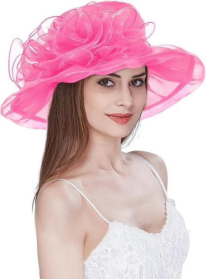 Organza Derby Hats for Women Wide Brim Fascinator Hat Rose Flower Wedding Tea Party Hat