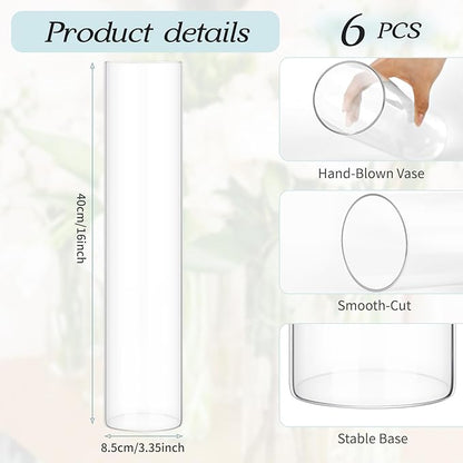 6 Pack Glass Cylinder Vases 16 Inch Tall Clear Flower Vase for Centerpieces, Hurricane Floating Candle Holder Wedding Decorations, Floral Vase Bulk for Table Shelf Party Home Deco (16 x 3.35 Inch)