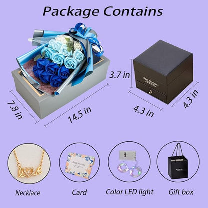 EIGHTOWN Roses Bouquet Artificial Flower - Preserved Blue Rose Flowers with Love Necklace for Her - Unique Gifts Valentine's Day, Mother's Day, Thanksgiving, Birthday, Anniversary