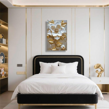 ZSHARTSWD Abstract White & Gold Floral Canvas Wall Art Elegant Flowers Pictures Prints White Flower Golden Leaves Painting Living Room Bathroom Decor Framed (Beige, 36L x 24W)