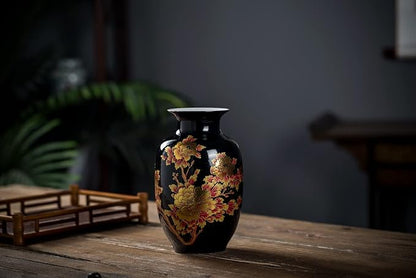Black Vases Chinese Ceramic Flower Vase Decorated with Peony Design for Home Living Room Display and Gift from Jingdezhen Porcelain