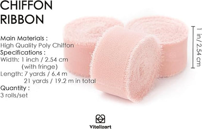 Vitalizart Blush Pink Chiffon Silk Ribbon 1" x 21 Yd Fringe Fabric Package (3 Rolls * 7 Yd) for Wedding Invitations Bridal Bouquets Decorations Gifts Wrapping & Bow Making Light Pink