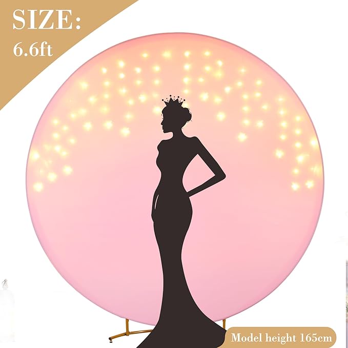6.6 FT Pink Round Backdrop Cover with Lights String for Circle Arch Stand Circle Backdrop Covers with LED Fairy Lights for Wedding Baby Shower Girls Birthday Party Photo Shoot Photography Background