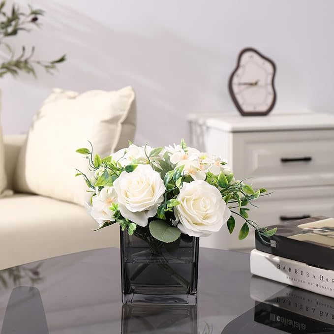 Square Grey Glass Vases Set of 2, 6" x 6" x 6" Square Vase for Centerpieces, Flower Vases for Centerpieces, Small Vase for Wedding, Party, Home Office Decoration