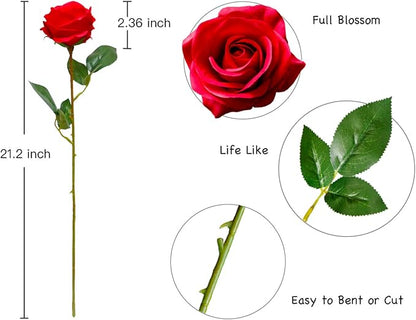 DuHouse 10pcs Fake Roses Artificial Silk Flowers Faux Rose Flower Long Stems Bouquet for Arrangement Wedding Centerpiece Party Home Kitchen Decor(Red)