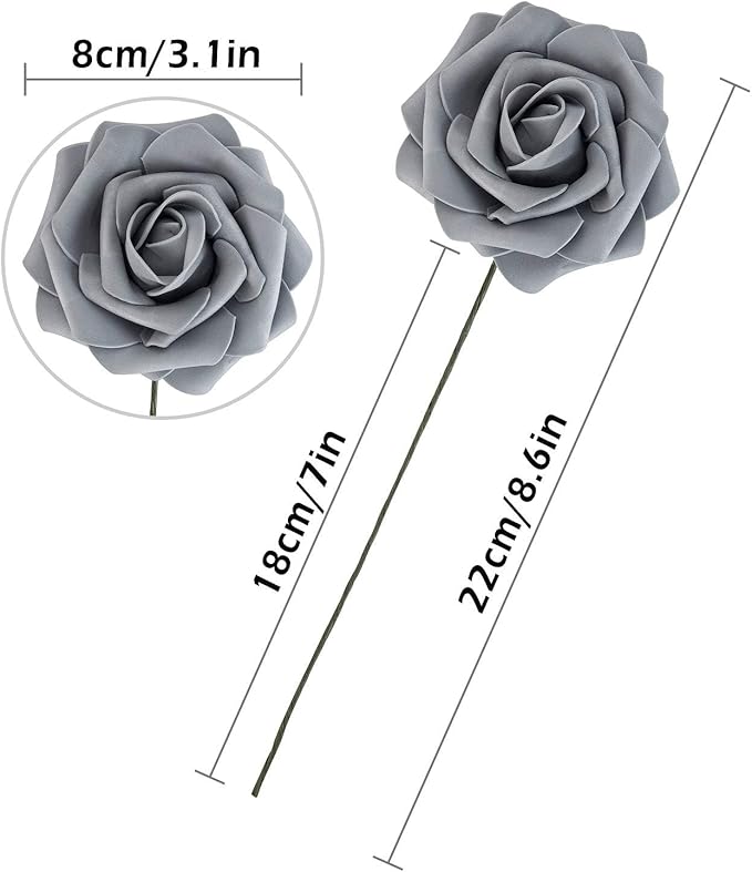Artificial Flower Foam Rose 25pcs Real Looking Fake Rose with Stems Leaves for Home Decoration Party Garden Centerpieces DIY Wedding Bouquets（Grey）