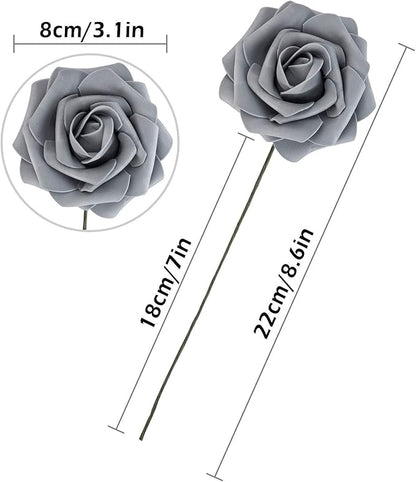 Artificial Flower Foam Rose 25pcs Real Looking Fake Rose with Stems Leaves for Home Decoration Party Garden Centerpieces DIY Wedding Bouquets（Grey）
