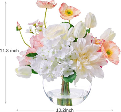 Artificial Flowers in Vase for Seasonal Decor, Mixed White Tulips & Pink Silk Fake Flowers Bouquet Arrangements in Glass Vase with Fake Water for Spring Home Office Hotel Wedding Party Table Decor