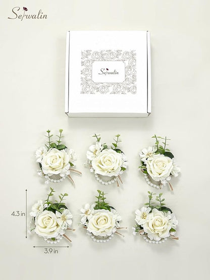 Serwalin 6 PCS Ivory Rose Wrist Corsages for Wedding, Corsages for Prom Homecoming Party Corsage Hand Decor for Bride Bridesmaids, Mother of Bride and Groom