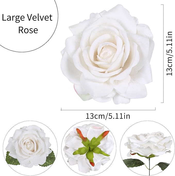 IPOPU 5 Inches White Artificial Large Rose Flower Head Fake Silk Rose with Stem Fake Flowers Bulk for DIY Gifts White Wedding Bouquet Arrangements Home Party Decor