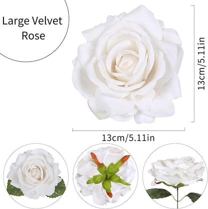 IPOPU 5 Inches White Artificial Large Rose Flower Head Fake Silk Rose with Stem Fake Flowers Bulk for DIY Gifts White Wedding Bouquet Arrangements Home Party Decor