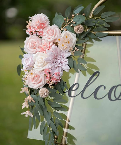 Artificial Flower Swag Wedding Arch Flowers Set of 2 Rose Flower Swag Arrangements for Wedding Party Welcome Ceremony Sign and Reception Backdrop Floral Decoration (Pink)