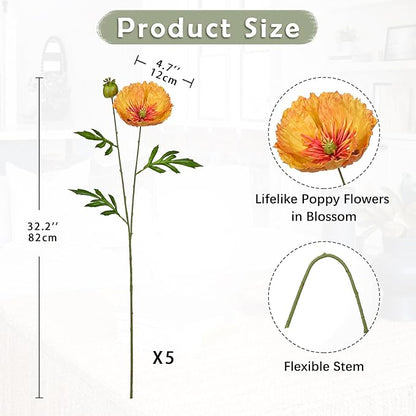Hollyone 5Pcs Orange Poppy Flowers Artificial Bouquet 32.2" Silk Fake Poppy Flowers Arrangement Real Touch Faux Poppies Flower Long Stem for DIY Wedding Party Table Centerpiece Table Home Decor