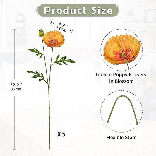 Hollyone 5Pcs Orange Poppy Flowers Artificial Bouquet 32.2" Silk Fake Poppy Flowers Arrangement Real Touch Faux Poppies Flower Long Stem for DIY Wedding Party Table Centerpiece Table Home Decor