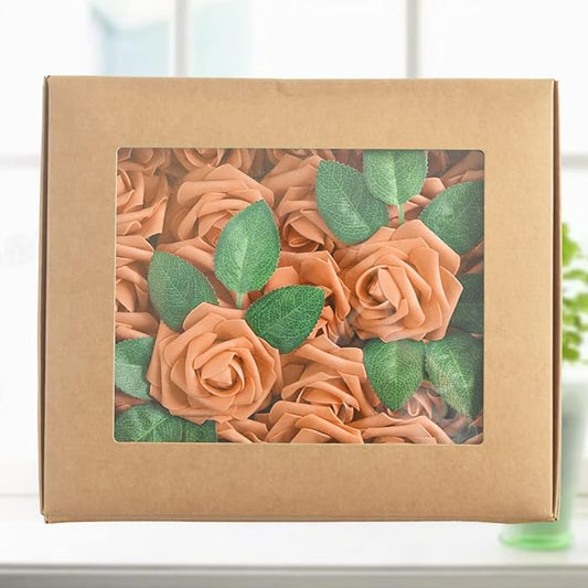 homEdge Artificial Rose, 25pcs Foam Artificial Flowers with Stem for Home Decorations, Wedding Bouquets, Party, Certerpieces, Anniversaries-Orange