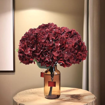 2Bouquets Artificial Fake Flowers Plants Silk Hydrangea Arrangements Wedding Bouquets Decorations Plastic Floral Home Kitchen Garden Party Festival Bar DIY (Dark Red,5 Flower Heads)