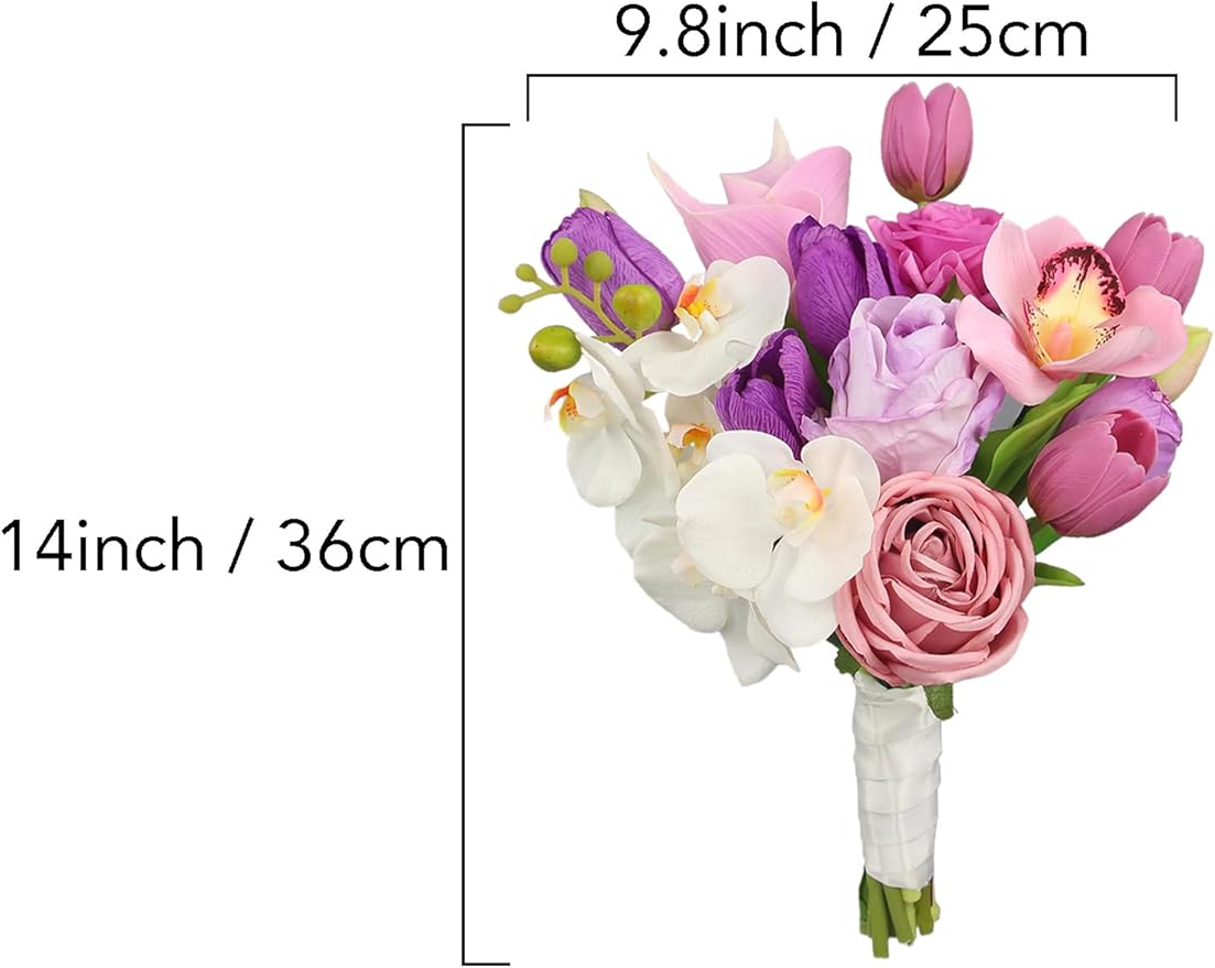 Rinlong 9.8 Inch Silk Posy Bouquet Wedding Bouquets for Bride Artificial Tulips Small Bridal Bouquet for Wedding Ceremony Dark Pink