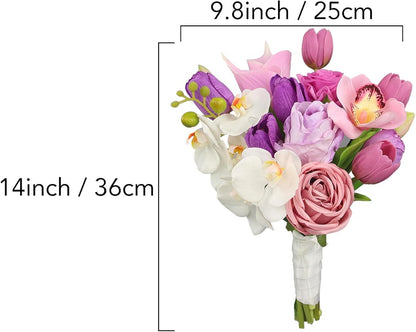 Rinlong 9.8 Inch Silk Posy Bouquet Wedding Bouquets for Bride Artificial Tulips Small Bridal Bouquet for Wedding Ceremony Dark Pink