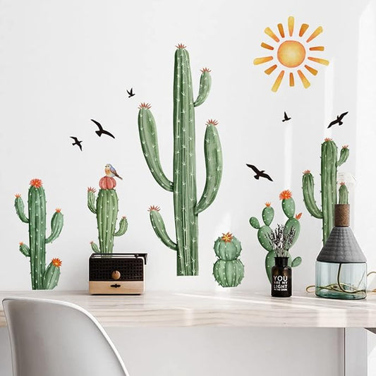 Boho Cactus Wall Decals Boho Sun Wall Stickers Tropical Cacti Green Plants with Birds Wall Decals for Living Room, Bedroom, Kitchen, Dining Room