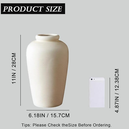 Large Ceramic Vase, 11 inch Minimalist Vase for Home Decor, Handmade Farmhouse Flower Vase for Table Centerpiece, Wedding, Living Room, Kitchen Decoration, Shelf Decor (Rice White)