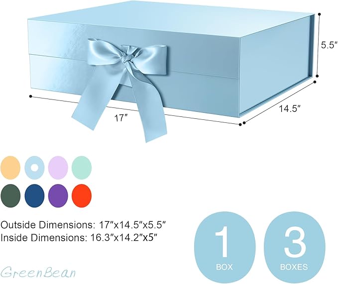 GREEN BEAN 3 Extra Large Gift Box with Lid for Present 16.3x14.2x5 Inches, Baby Blue Magnetic Gift Box with Ribbon for Clothes and Large Gifts (Glossy Baby Blue)