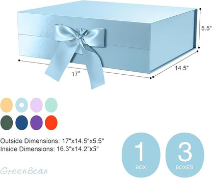 GREEN BEAN 3 Extra Large Gift Box with Lid for Present 16.3x14.2x5 Inches, Baby Blue Magnetic Gift Box with Ribbon for Clothes and Large Gifts (Glossy Baby Blue)