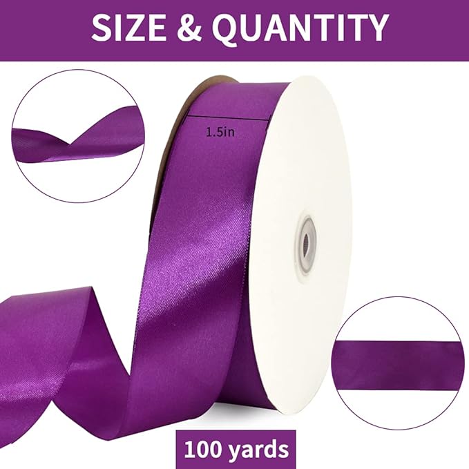 TONIFUL 1-1/2 Inch (40mm) x 100 Yards Purple Wide Satin Ribbon Solid Fabric Ribbon for Gift Wrapping Chair Sash Valentine's Day Wedding Birthday Party Decoration Hair Floral Craft Sewing Halloween
