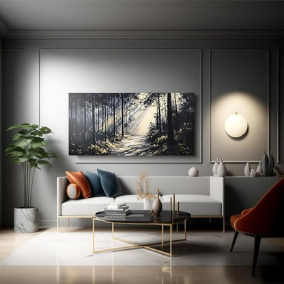LAVIKARS Rustic Sunlight Forest Wall Art for Living Room Office Black and White Modern Landscape Canvas Painting Prints Large Nature Artwork Home Kitchen Bedroom Decor (23x46 Inches)