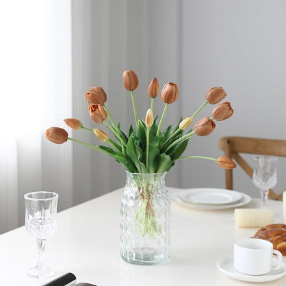 15 Pcs Coffee Artificial Flowers Tulips Real Touch Latex Plastic Soft Faux Bouquets for Party, Wedding, Home, Room, Garden Decor