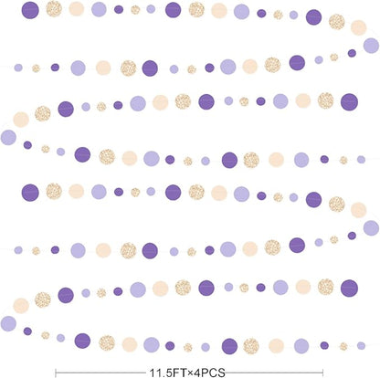 Champagne Gold Purple Cream Nude Polka Dots Garland Lavender Hanging Paper Circle Dot Streamer for Birthday Wedding Engagement Baby Shower Bridal Shower Lilac Violet Theme Party Decorations Supplies