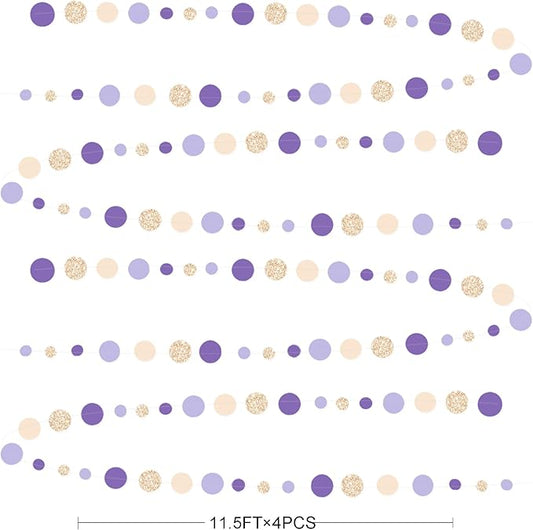 Champagne Gold Purple Cream Nude Polka Dots Garland Lavender Hanging Paper Circle Dot Streamer for Birthday Wedding Engagement Baby Shower Bridal Shower Lilac Violet Theme Party Decorations Supplies