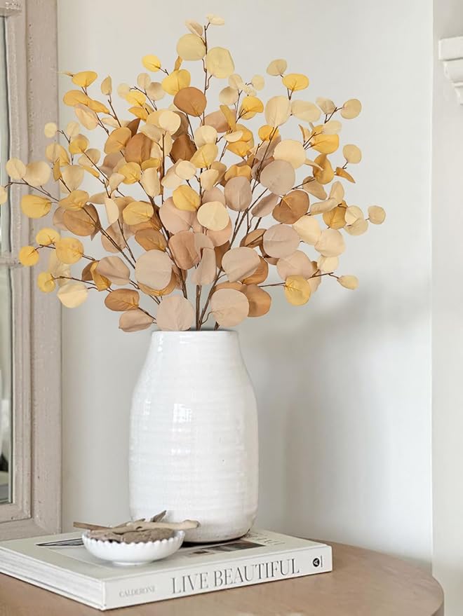 DILATATA Artificial Yellow Eucalyptus Stems – 34” Silk Silver Dollar Leaves, Set of 5 – Faux Eucalyptus Branches for DIY Bouquets, Floral Arrangements, Centerpieces, Wedding & Home Décor