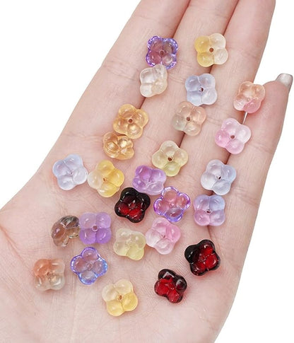100PCS Glass Flower Beads for Jewelry Making 4 Petal Flower Bead Caps Gradient Cute Floral Beads Aesthetic Charms for Necklace Bracelets Earrings DIY Craft Home Decoration-Colorful