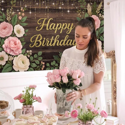 Wooden Floral Birthday Backdrop Pink and Gold Rustic Wood Birthday Party Background Girls Women Cake Table Favors Flowers Bday Cake Smash Photo Booth Banner with Copper Grommet