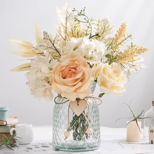 Silk Rose Flowers in Vase, Artificial Flowers Arrangement with Glass Vase Faux Hydrangea Rose for Decoration Table Centerpiece (Hydrangea Rose)