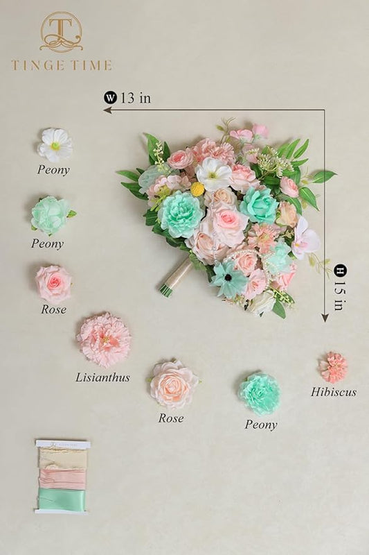 TINGE TIME 13 Inch Wedding Bouquets for Bride,Bridal Bouquet for Bride, Artificial Silk Flowers for Wedding Ceremony and Anniversary (Mint Green & Pink)