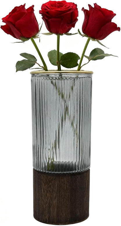 10 Inch Large Artistic Wood Base Glass Cylinder Flower Vase, Ins Modern Boho Water Stripe Style for Home Kitchen Fireplace Office Desks, Houses, Garden Decorations